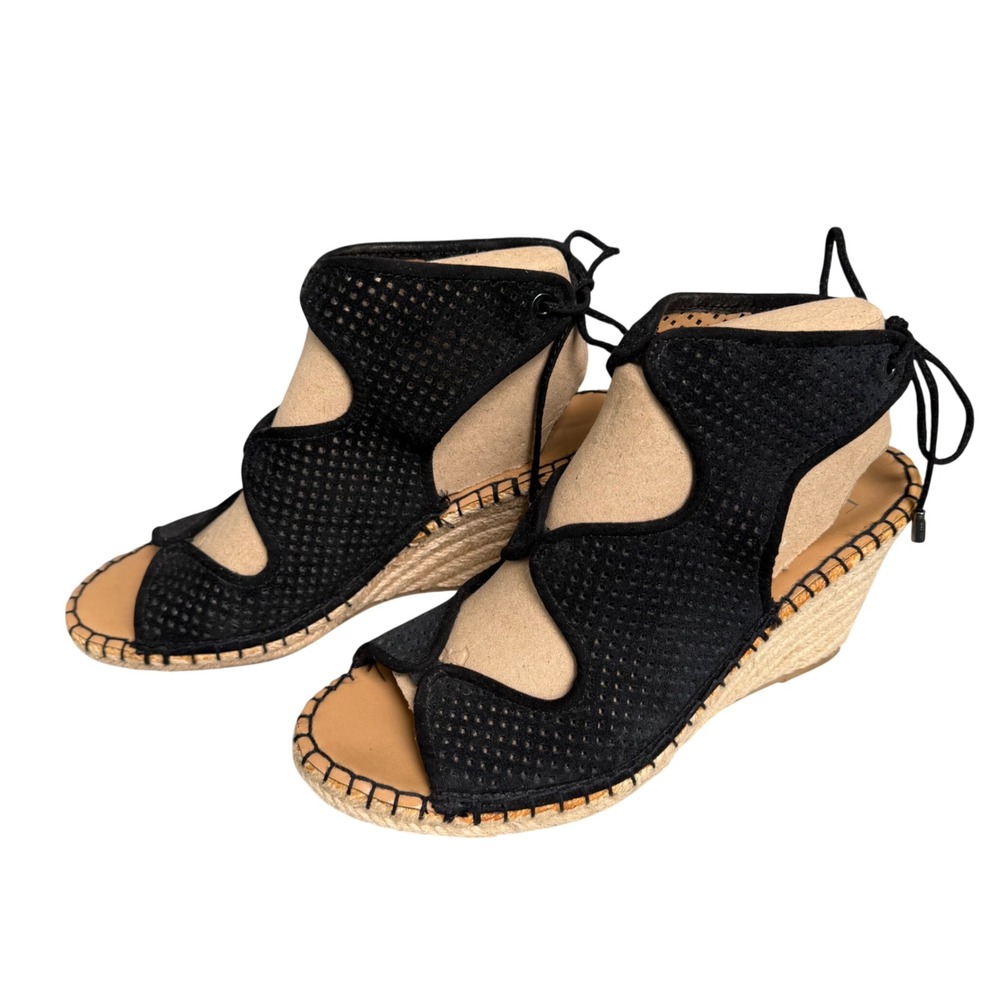Franco Sarto Nash Black Perforated Leather Espadrille Wedge Sandalsโ Womens 8.5M